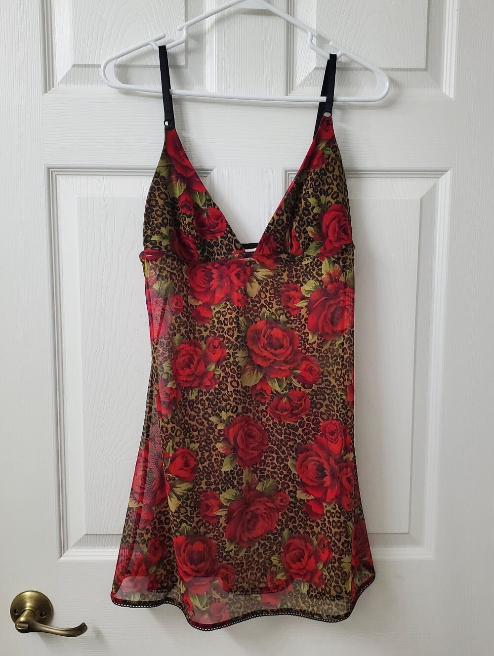 Victoria's Secret Sexy Vintage Red Roses & Leopard Sheer Chemise Slip Sz M